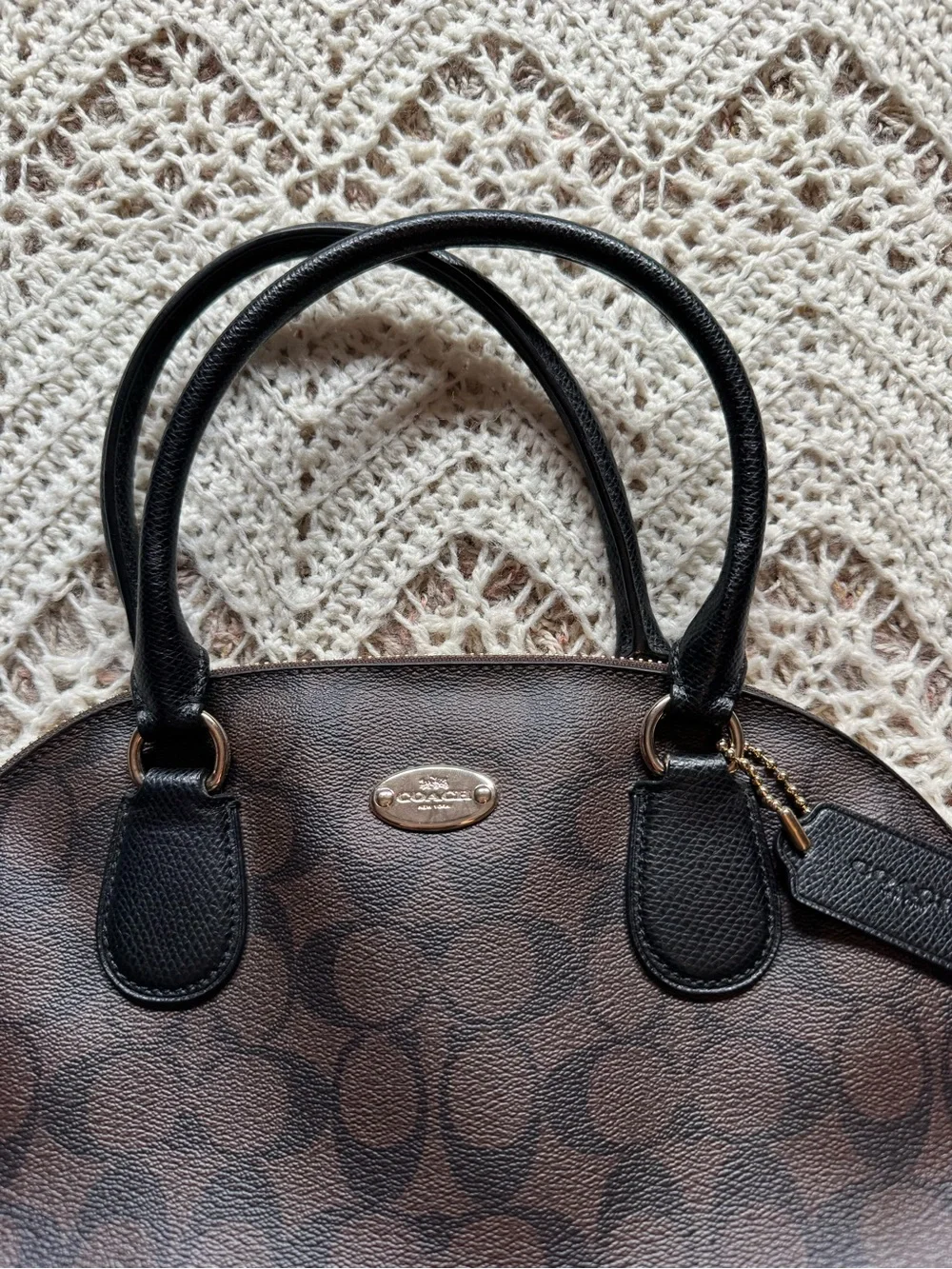 Coach Cora Domed Satchel Signature Canvas Brown Black Leather Bag F33904 K1481